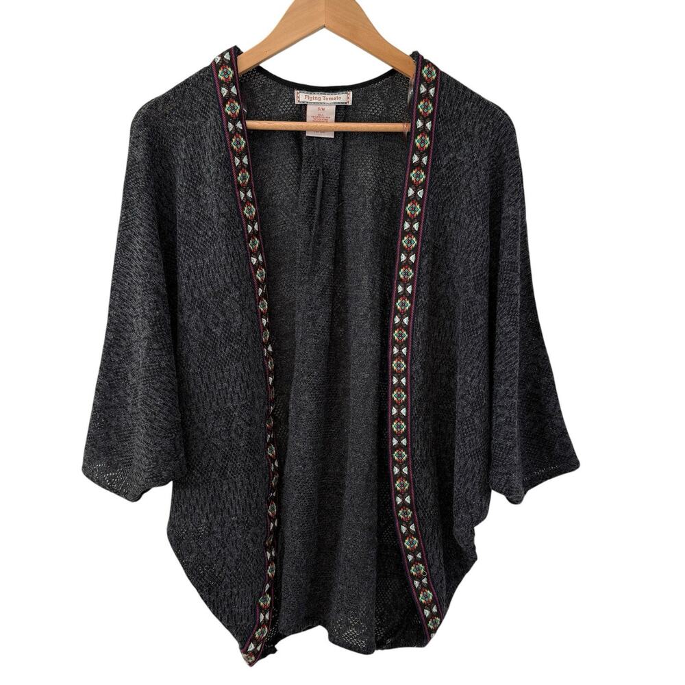 Flying Tomato Cardigan Boho Batwing Drape Open Front Gray Neutral Aztec Hippie M